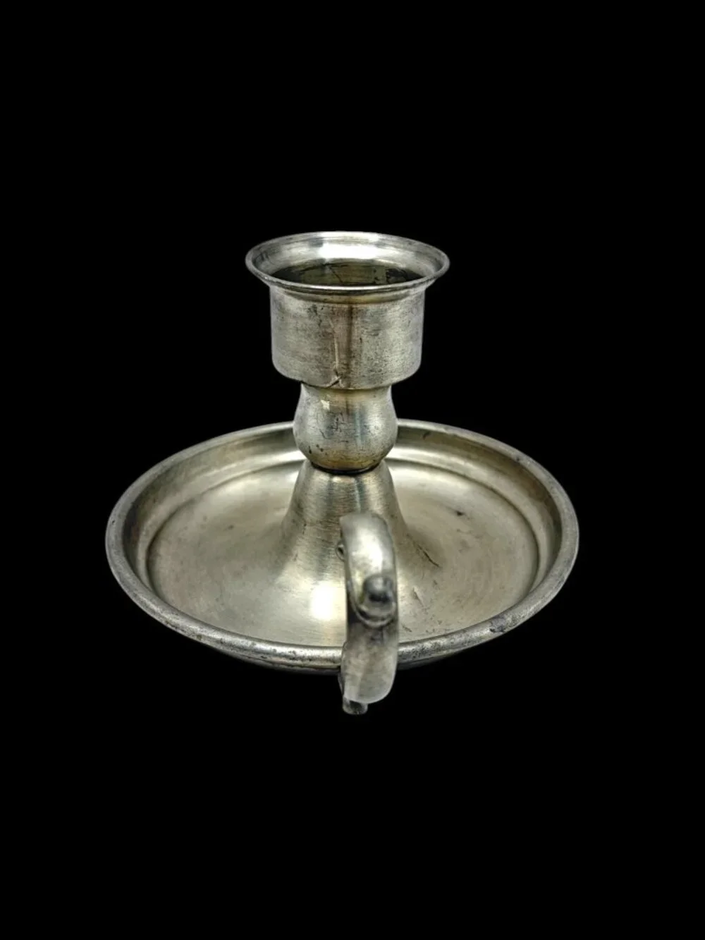 Vintage Pewter Chamberstick Candlestick Finger Handle Colonial Style 5.5
